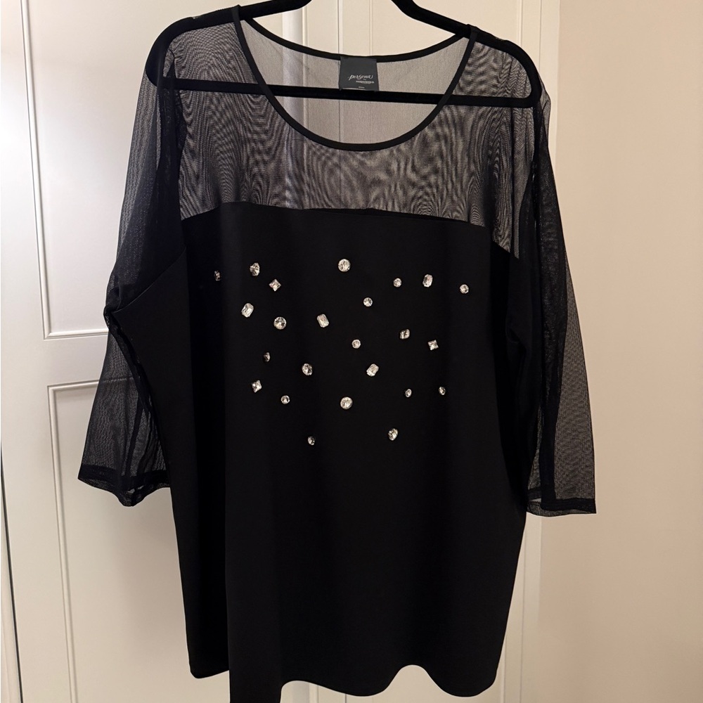 Persona by Marina Rinaldi Black Top with Sheer Sleeves and Embellishments